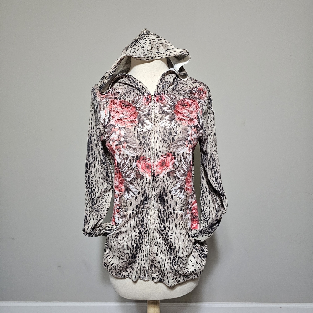 "Christopher & Banks Floral Sequin Animal Print Zip Hoodie Size S"